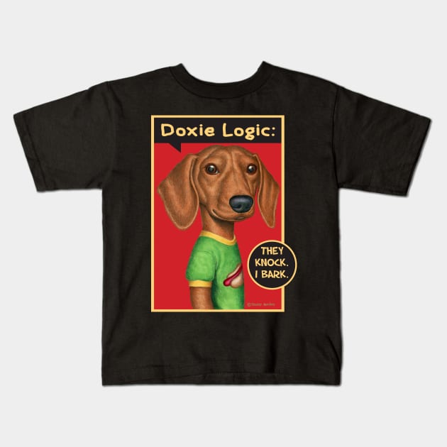Cute Doxie Dog with green shirt on Dachshund Wearing Green Top Kids T-Shirt by Danny Gordon Art